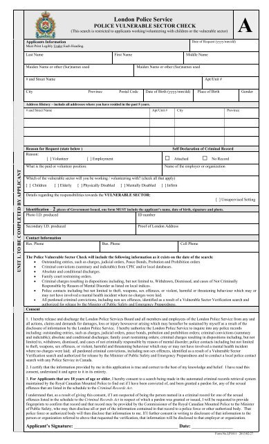 Police Vulnerable Sector Check (PVSC) Form - London Police Service