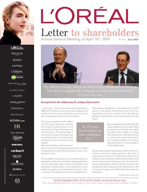 Letter to shareholders - L'Oréal Finance