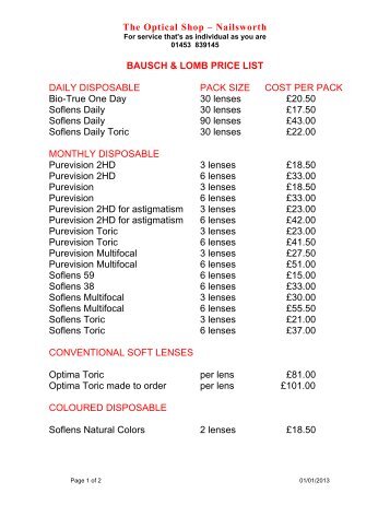 Contact lens prices - Bausch & Lomb - the optical shop