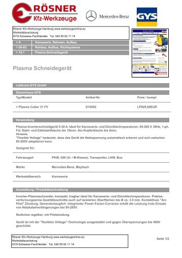 Plasma-Cutter 31 FV von GYS für Mercedes - Rösner KFZ Werkzeuge