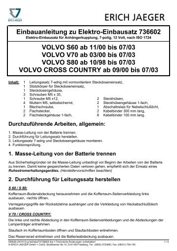 Einbauanleitung zu Elektro-Einbausatz 736602 VOLVO ... - Kfzpoint