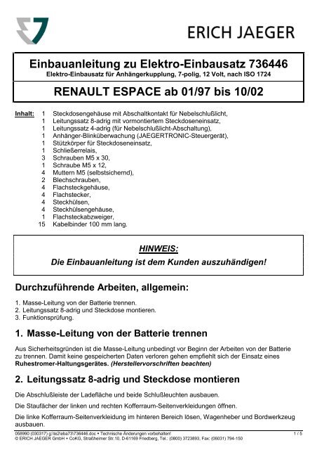 Einbauanleitung zu Elektro-Einbausatz 736446 RENAULT ... - Kfzpoint