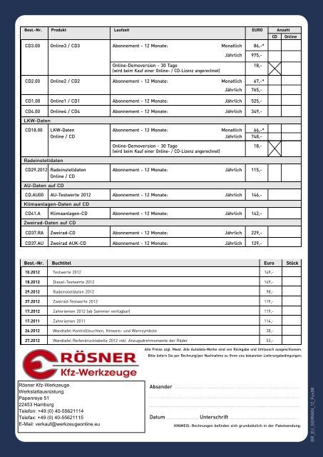 Autodata Katalog inklusive Bestellschein - Rösner KFZ Werkzeuge