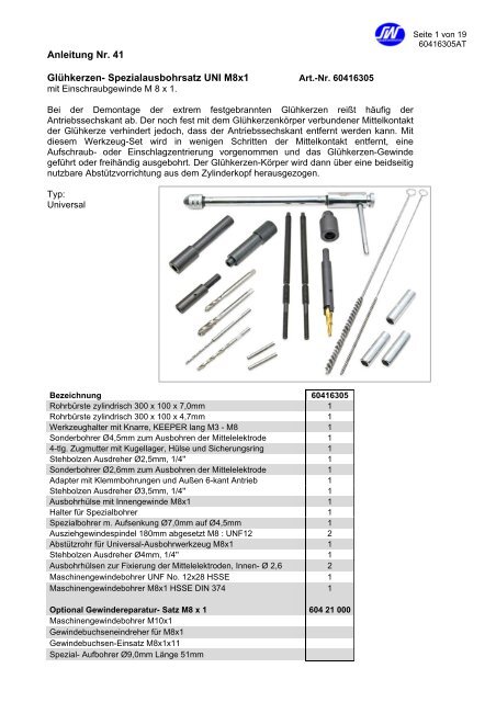 Anleitung Nr 41 Gluhkerzen Spezialausbohrsatz Uni M8x1