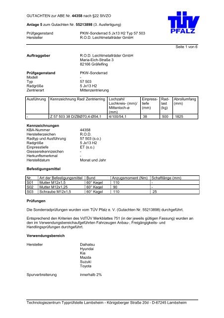 GUTACHTEN zur ABE Nr. 44358 nach §22 StVZO Anlage 5 zum ...