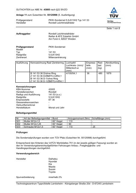 GUTACHTEN zur ABE Nr. 43005 nach §22 StVZO Anlage 11 zum ...