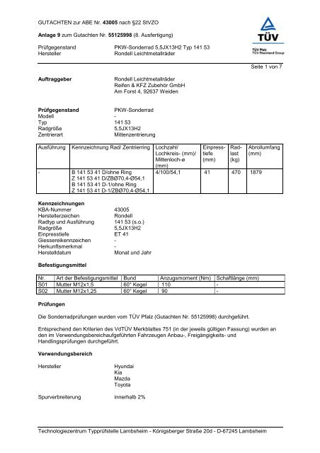 GUTACHTEN zur ABE Nr. 43005 nach §22 StVZO Anlage 9 zum ...