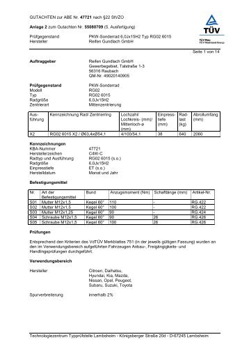 GUTACHTEN zur ABE Nr. 47721 nach §22 StVZO ... - reifen.com