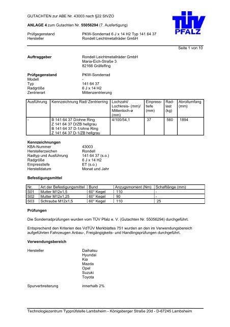 GUTACHTEN zur ABE Nr. 43003 nach §22 StVZO ANLAGE 4 zum ...