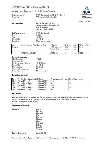 GUTACHTEN zur ABE Nr. 47322 nach §22 StVZO ... - reifen.com