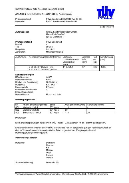 GUTACHTEN zur ABE Nr. 44575 nach §22 StVZO ANLAGE 2 zum ...