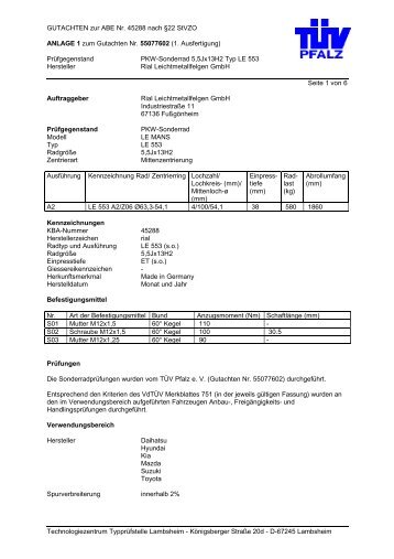 GUTACHTEN zur ABE Nr. 45288 nach §22 StVZO ANLAGE 1 zum ...