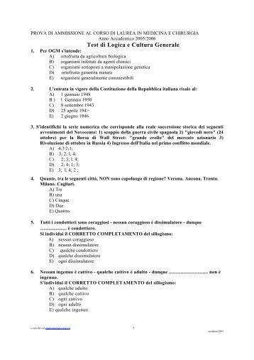 Test di Logica e Cultura Generale - Università degli studi di Cagliari.