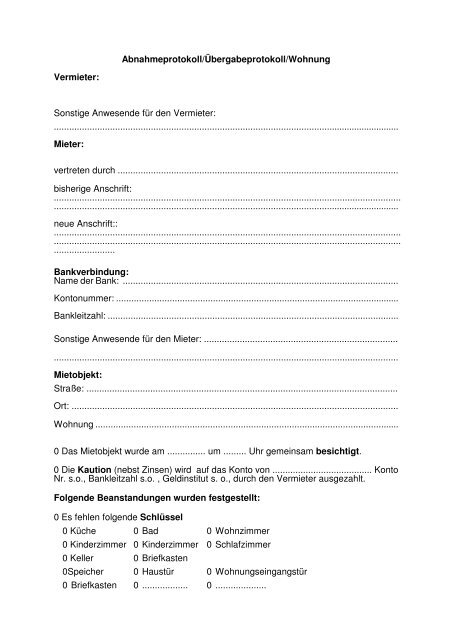 Abnahmeprotokoll/Übergabeprotokoll/Wohnung Vermieter: Sonstige ...