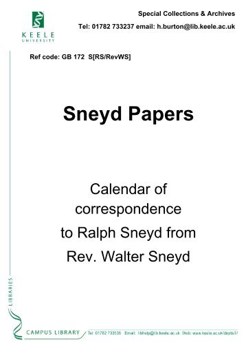 Correspondence from the Rev. Walter Sneyd to ... - Keele University