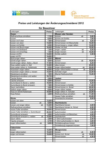 Preise und Leistungen der Änderungsschneiderei 2012 für Bewohner