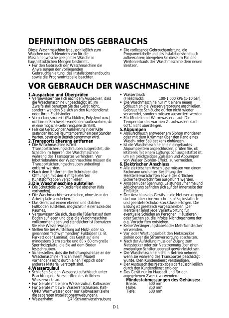 definition des gebrauchs vor gebrauch der waschmaschine