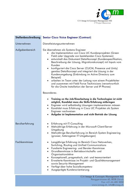 Stellenbeschreibung Senior Cisco Voice Engineer Contract