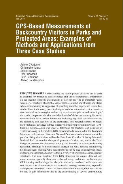 GPS-Based Measurements of Backcountry Visitors in Parks and ...