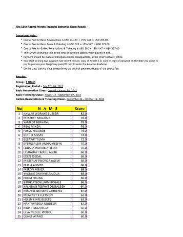 Yalekew Result ii .xlsx - Ethiopian Airlines