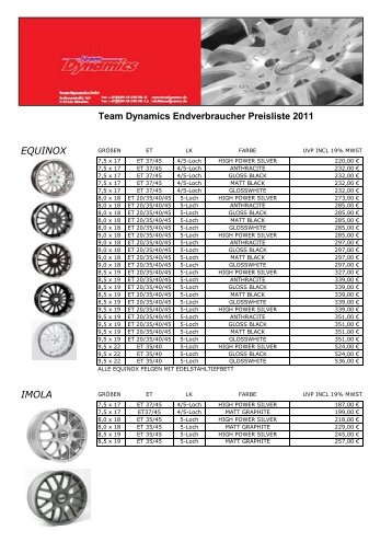 Team Dynamics Endverbraucher Preisliste 2011 EQUINOX IMOLA