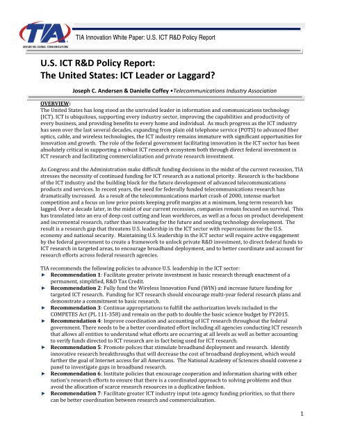U.S. ICT R&D Policy Report: The United States: ICT Leader or Laggard?