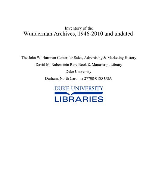 Wunderman Archives, 1946-2010 and undated - Duke University ...