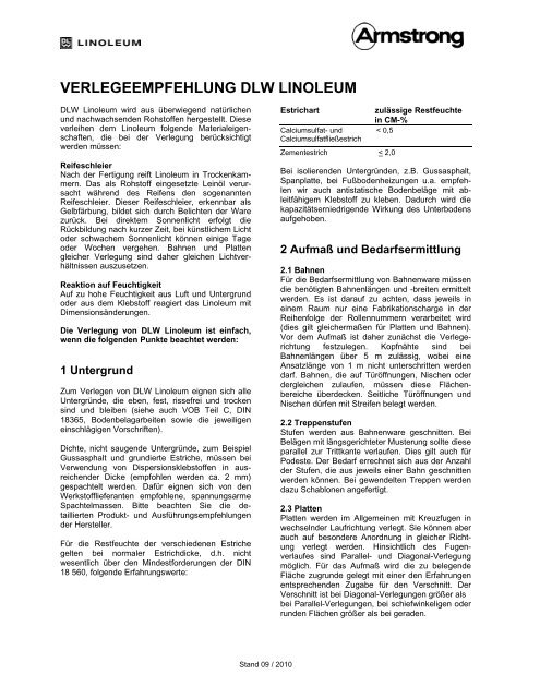 VERLEGEEMPFEHLUNG DLW LINOLEUM - Armstrong