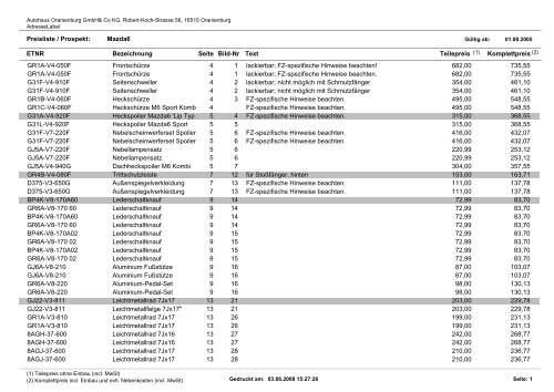 Preisliste / Prospekt - Autohaus Oranienburg