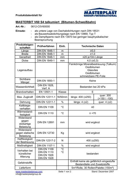 Produktdatenblatt MASTERBIT V60 S4 talkumiert - MASTERPLAST