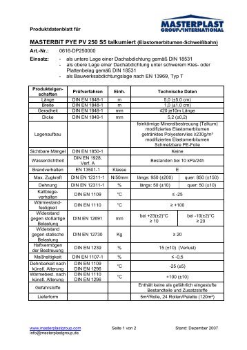 Produktdatenblatt MASTERBIT PYE PV 250 S5 ... - Masterplast