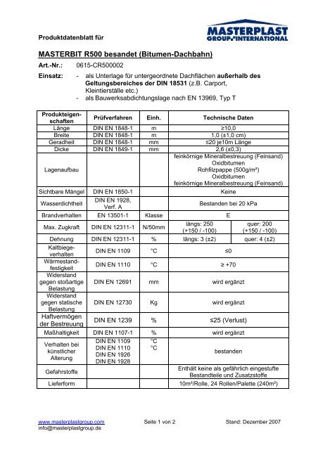 Produktdatenblatt MASTERBIT R500 besandet - Masterplast