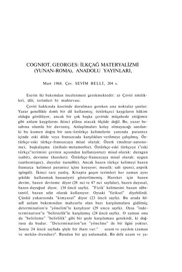 COGNIOT, GEORGES: İLKÇAĞ MATERYALİZMİ (YUNAN-ROMA), ANADOLU YAYINLARI,