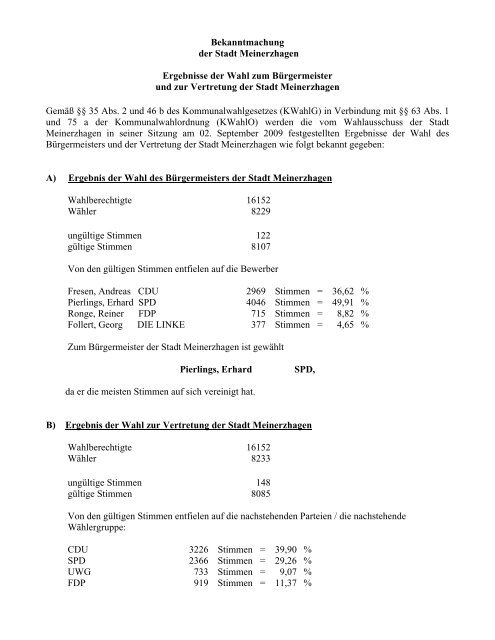 Bekanntmachung der Stadt Meinerzhagen