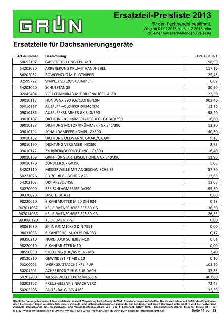 Ersatzteil-Preisliste 2013 - Grün