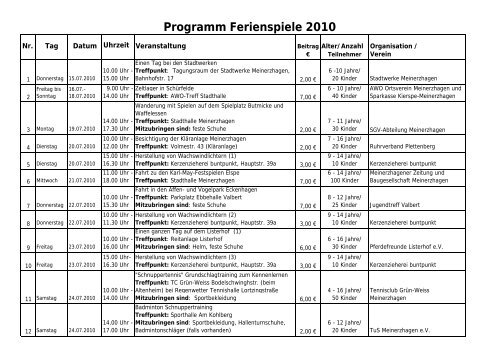 Programm Ferienspiele 2010 - Meinerzhagen