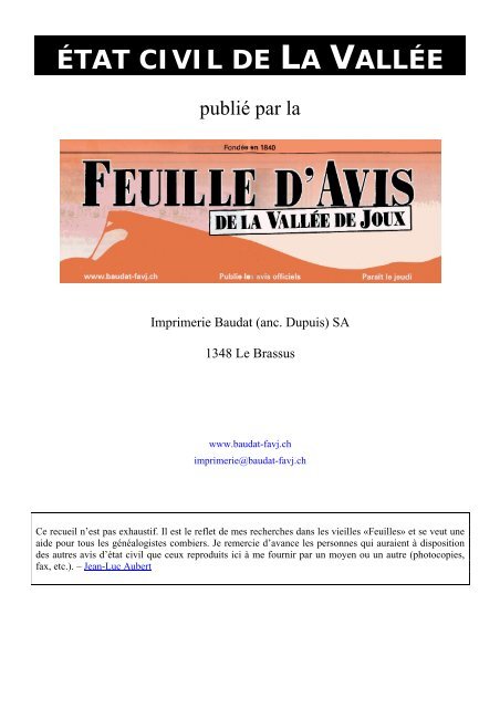 État civil de La Vallée - Les pages de Jean-Luc Aubert