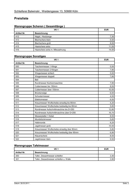 Preisliste - Schleiferei Balwinski