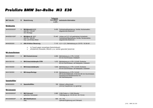 Preisliste BMW 3er-Reihe M3 E30 - Ulrich Motorsport