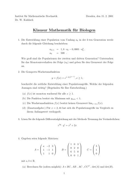 Klausur Mathematik für Biologen