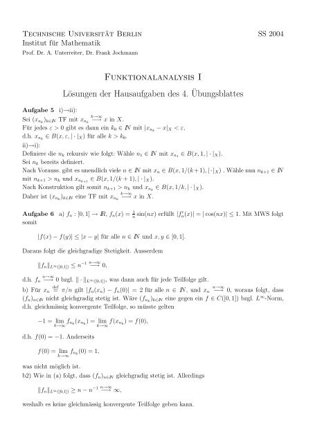 Funktionalanalysis I LÃ¶sungen der Hausaufgaben des 4 ...