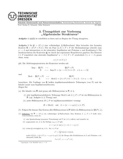 3. Â¨Ubungsblatt zur Vorlesung â Algebraische Strukturenâ
