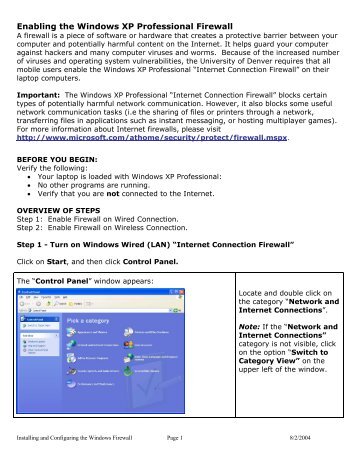 Enabling the Windows XP Professional Firewall - University of Denver