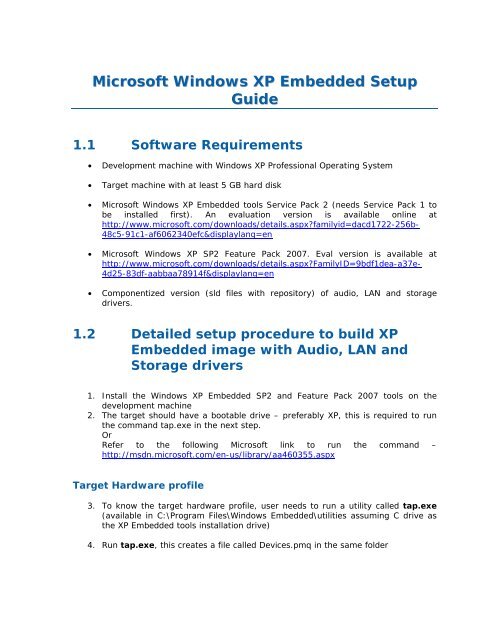 Microsoft Windows XP Embedded Setup Guide 1.1 Software - Intel
