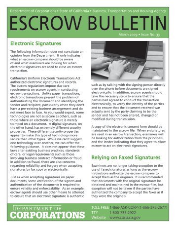 Escrow Bulletin - Department of Corporations - State of California
