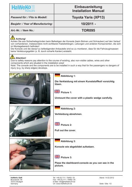 Einbauanleitung Installation Manual Toyota Yaris (XP13 ... - Navisys