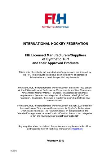 FIH Licensed Manufacturers/Suppliers of Synthetic Turf