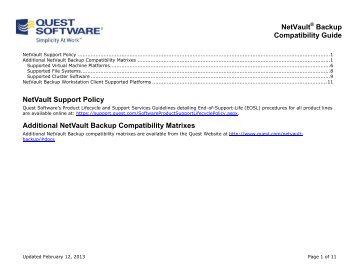 NetVault: Backup Supported Platform Matrix - Quest Software