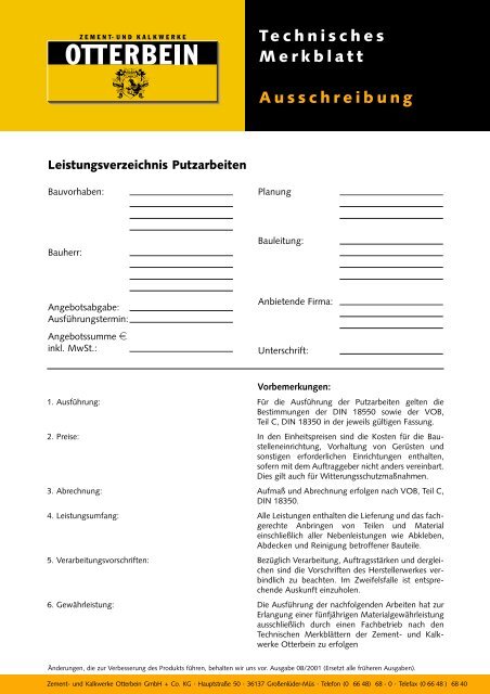 Leistungsverzeichnis Putzarbeiten - Zement- u. Kalkwerke Otterbein ...