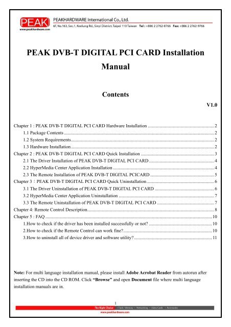 PEAK DVB-T DIGITAL PCI CARD Installation Manual
